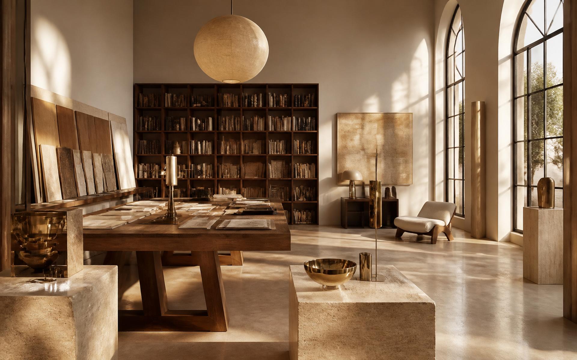 Interior of the FORRE studio — walnut drafting table, travertine plinths, brass objects and arched windows filtering warm light