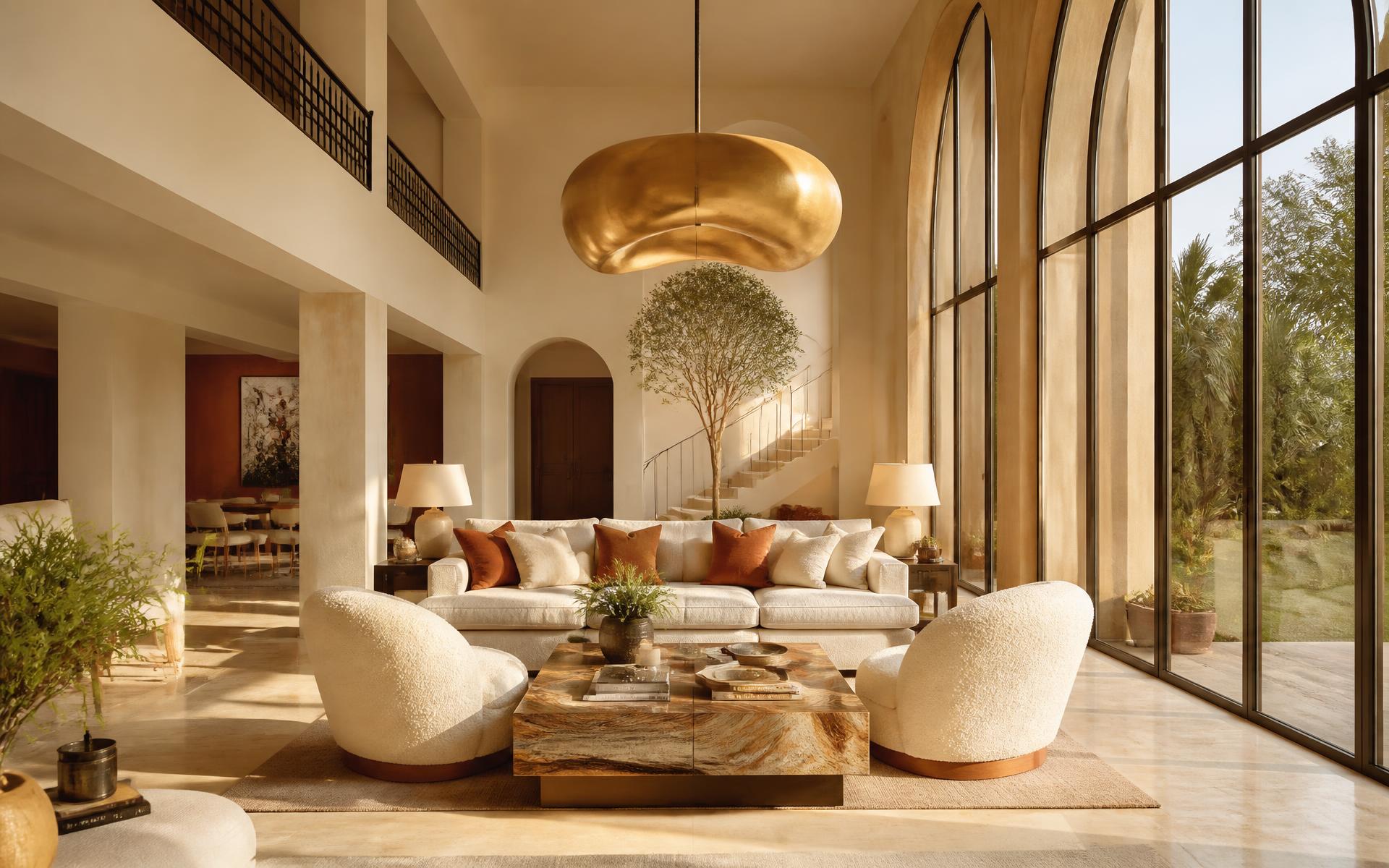 Sunlit double-height living room with sculptural brass pendant, boucle lounge chairs and travertine floors by FORRE